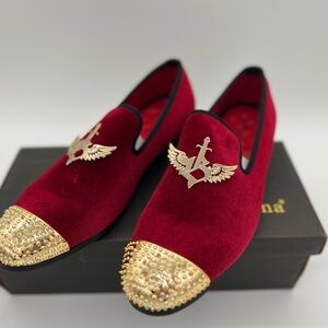 MEIJIANA Black Velvet Slip-on Loafers Shoes~w/gold crest & spikes
